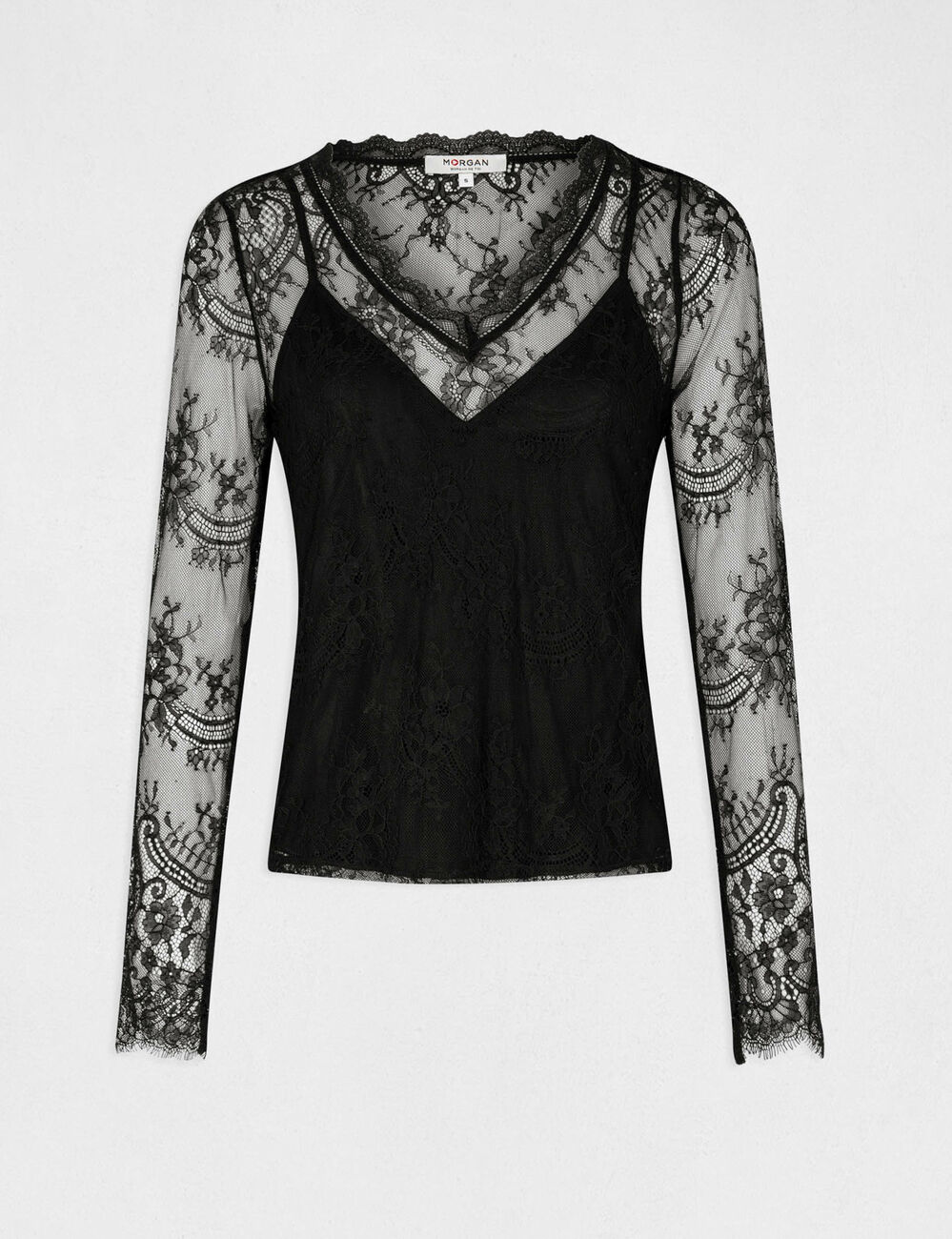T-shirt manches longues à dentelle noir femme