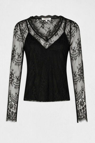 T-shirt manches longues à dentelle noir femme