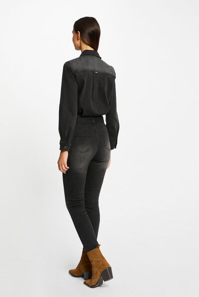 Combinaison ajustée ceinturée en jean gris anthracite femme