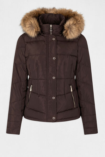 Doudoune droite à capuche marron femme