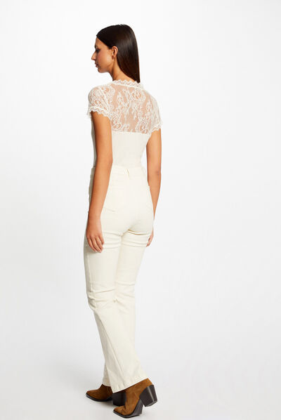 T-shirt manches courtes à dentelle ecru femme