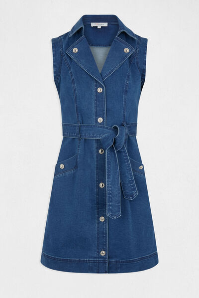 Robe droite boutonnée ceinturée en jean jean stone femme