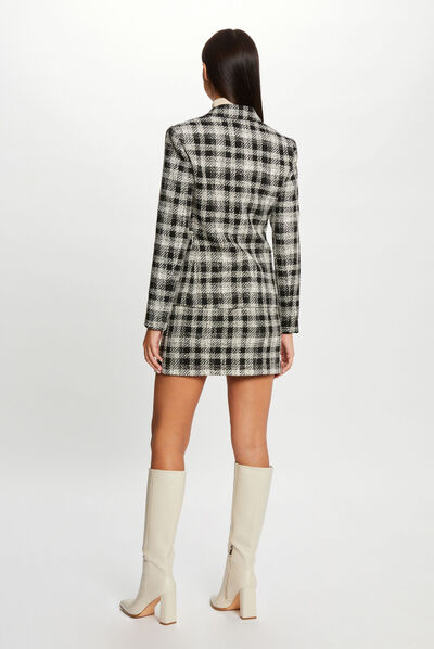 Veste cintrée boutonnée à carreaux noir femme