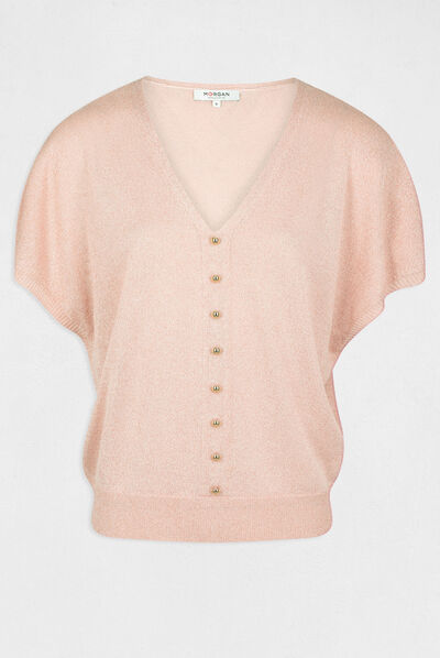 Pull manches courtes avec boutons vieux rose femme