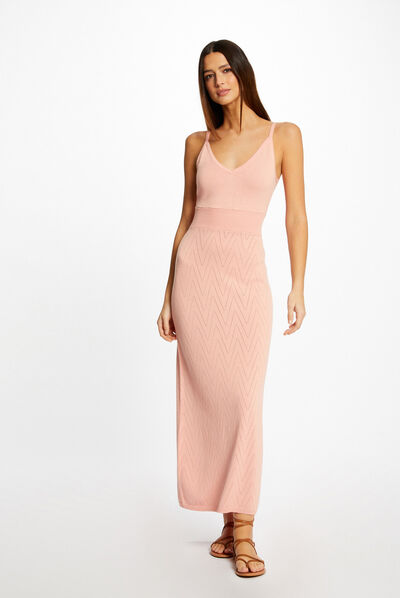 Robe pull longue ajustée à bretelles rose moyen femme