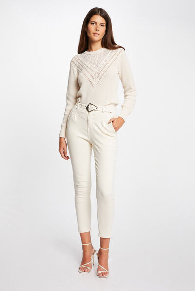 Pantalon droit ceinturé 7/8ème ivoire femme