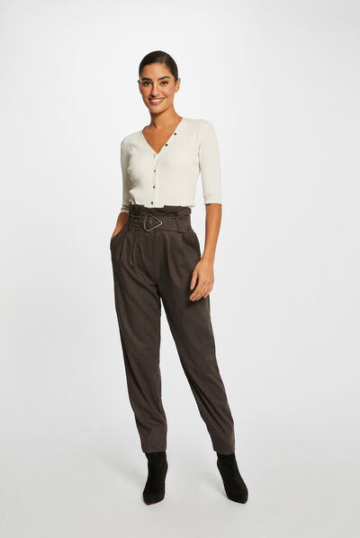 Pantalon paperbag ceinturé marron femme