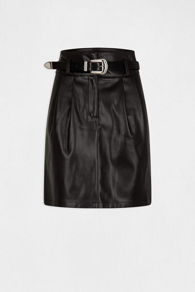 Jupe droite ceinturée simili cuir noir femme
