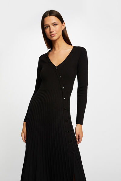 Robe pull midi patineuse bas plissé noir femme