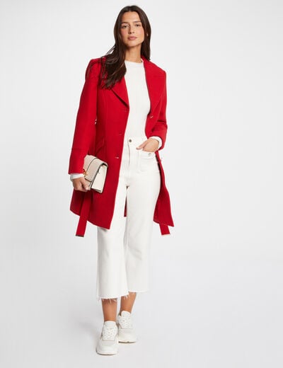 Manteau long ceintur&eacute; rouge femme