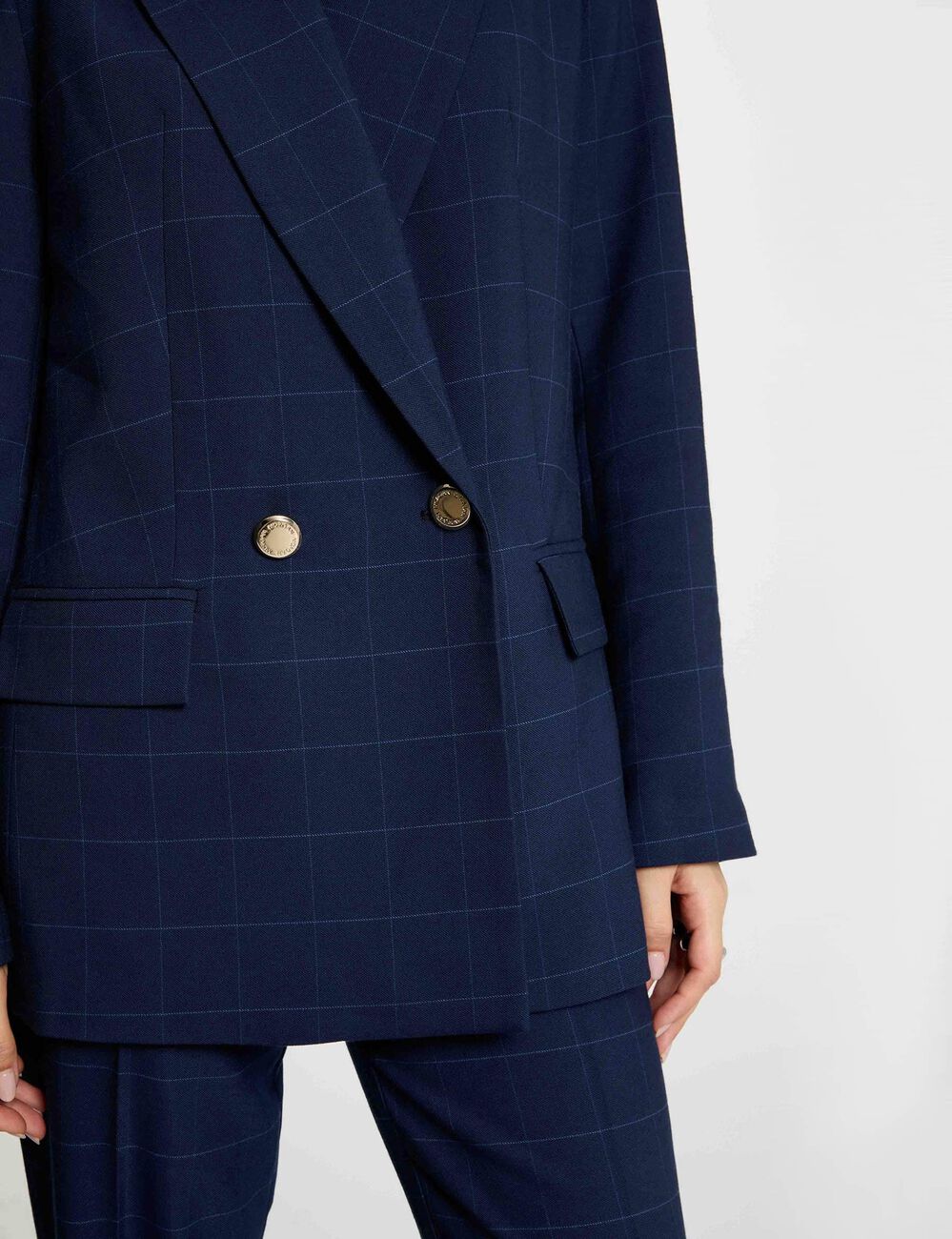 Blazer droit &agrave; carreaux bleu marine femme