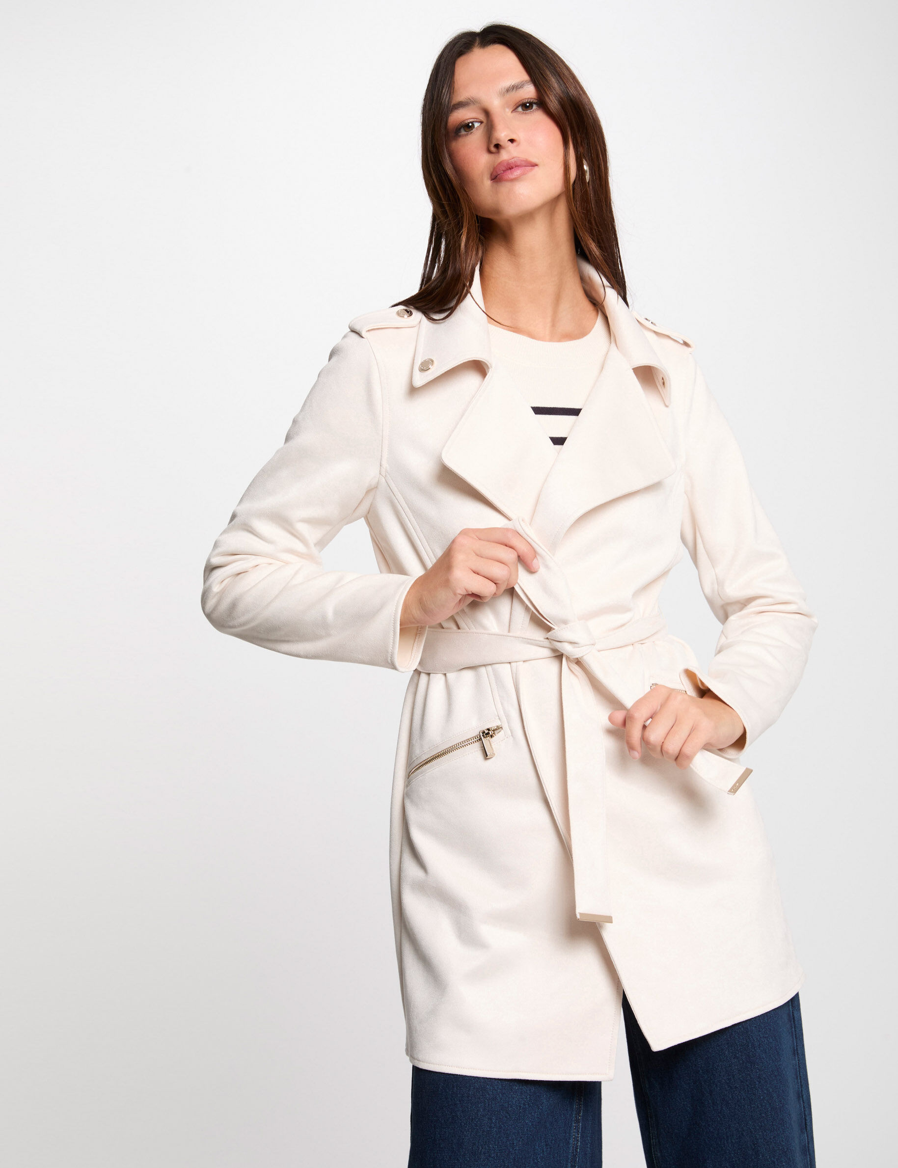 Manteau long ceinturé su�édine ivoire femme