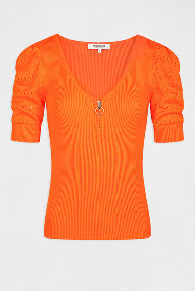 Pull manches courtes avec col en V orange femme