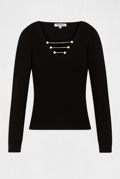 Pull manches longues à détails chaînes noir femme