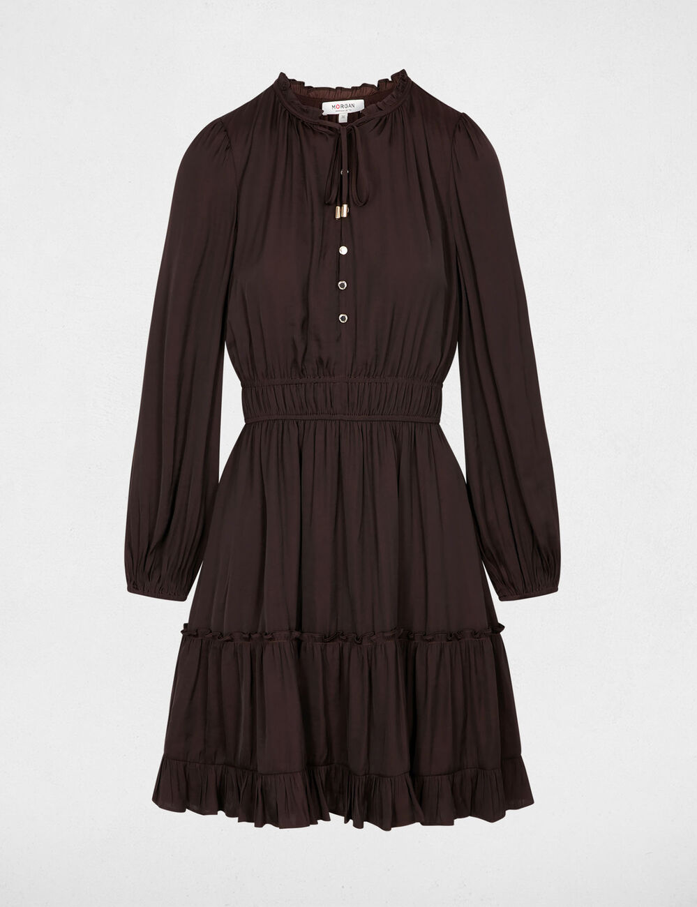 Robe satin manches longues marron fonc&eacute; femme