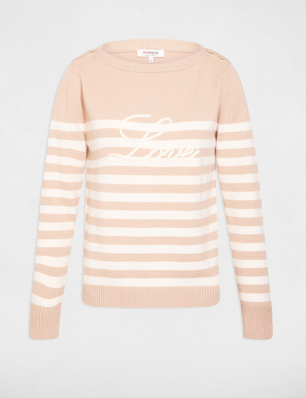Pull ray&eacute; brod&eacute; marron clair femme