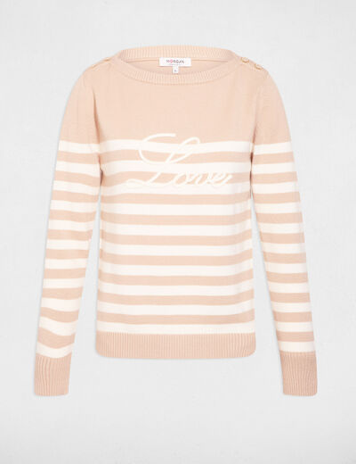 Pull ray&eacute; brod&eacute; marron clair femme