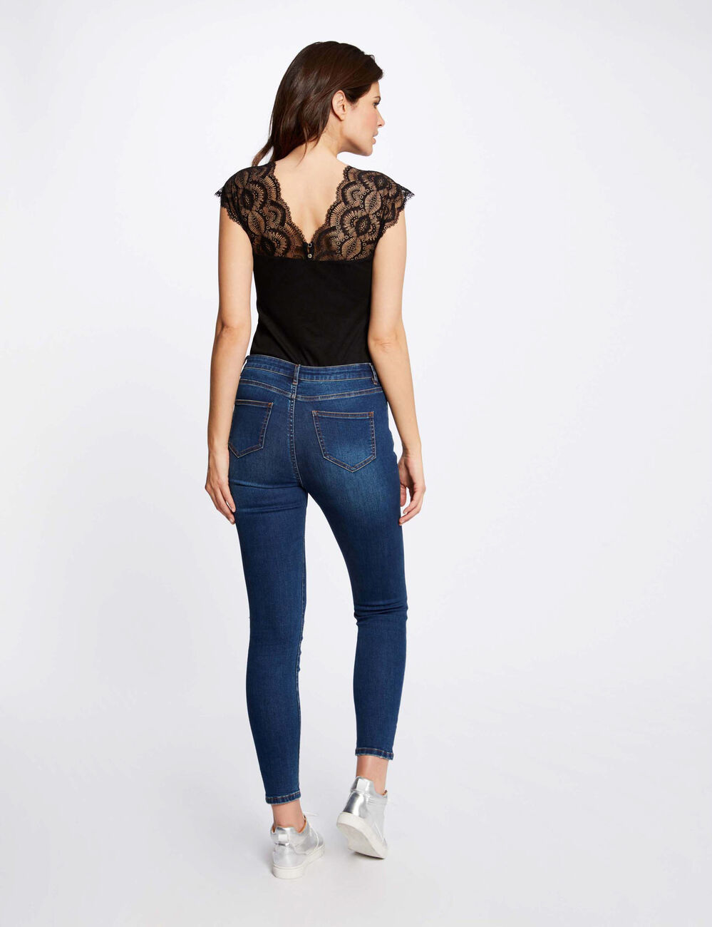 T-shirt manches courtes &agrave; dentelle noir femme