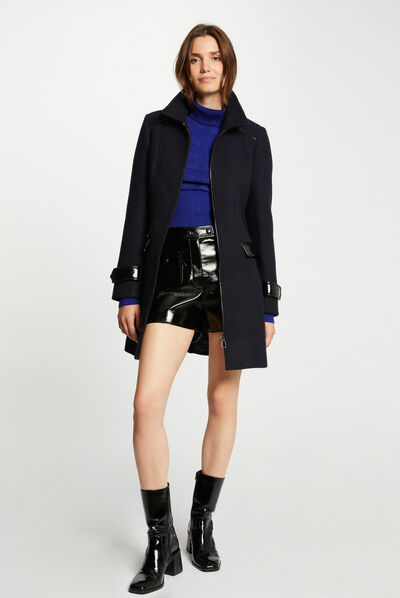 Manteau droit détails simili cuir marine femme