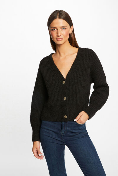 Gilet droit boutonné col en V noir femme