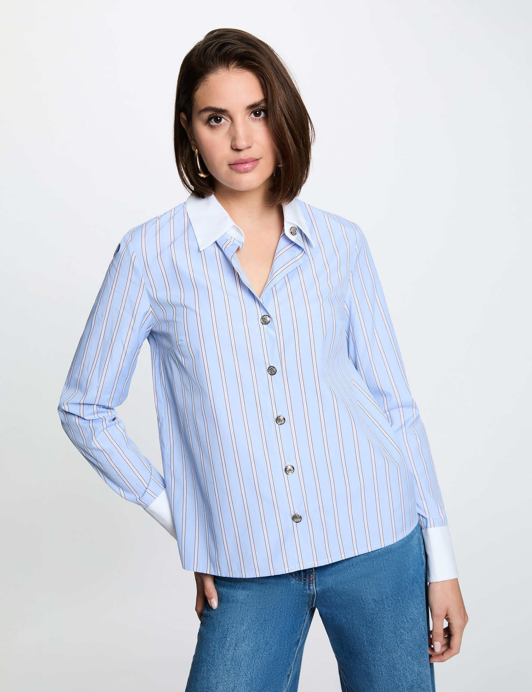Chemise rayée col contrastant bleu ciel femme Chemise rayée col contrastant bleu ciel femme