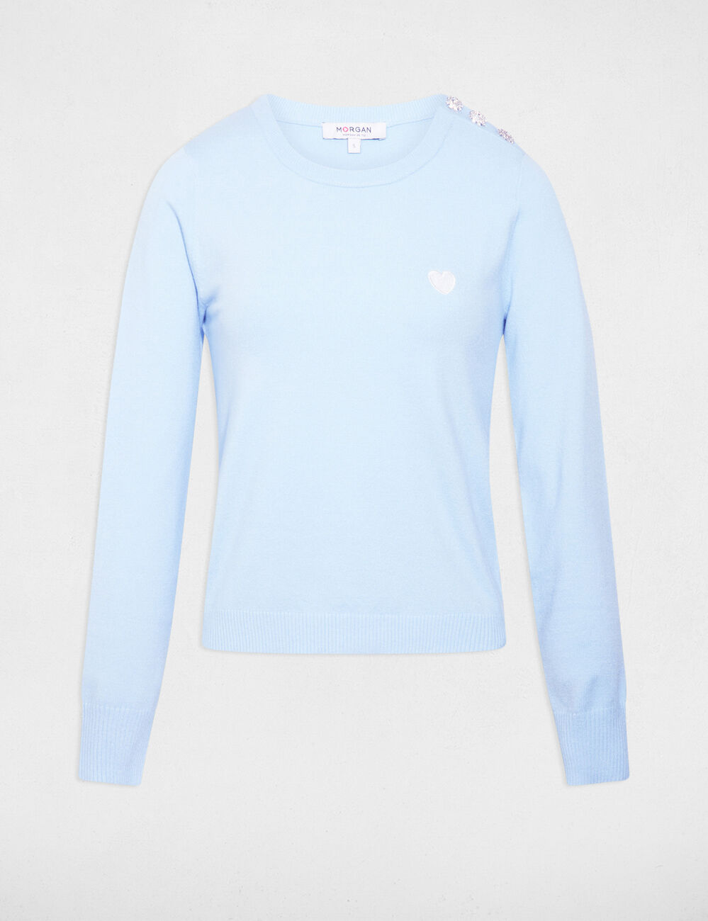 Pull col rond et boutons bleu ciel femme