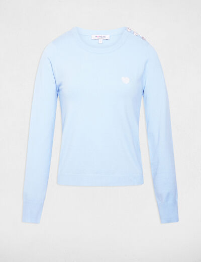 Pull col rond et boutons bleu ciel femme