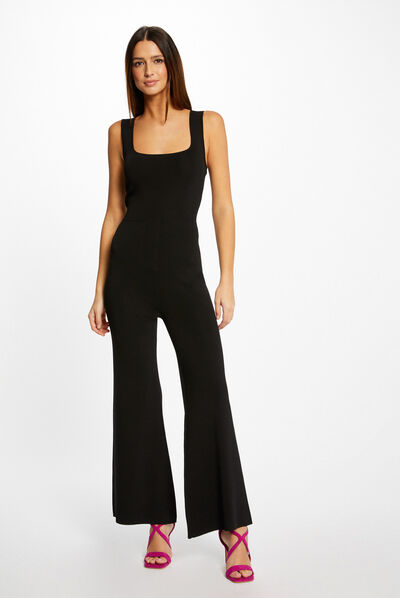 Combinaison en tricot large &agrave; bretelles noir femme