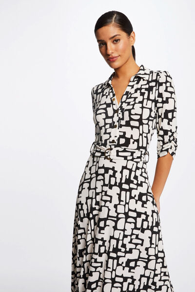 Robe longue évasée imprimé abstrait ecru femme