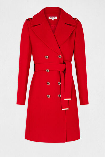 Manteau long droit ceinturé à boutons rouge femme