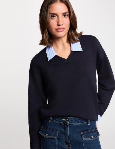 Pull col revers ray&eacute; bleu marine femme