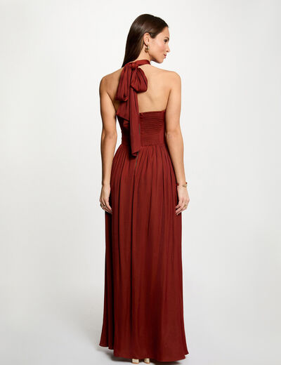 Robe longue col nou&eacute; marron cognac femme
