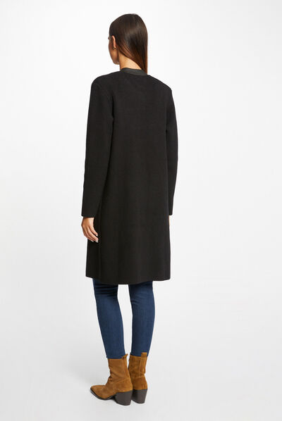 Gilet long droit détails simili cuir noir femme
