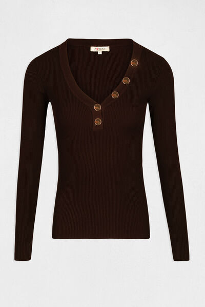 Pull manches longues boutons marron femme