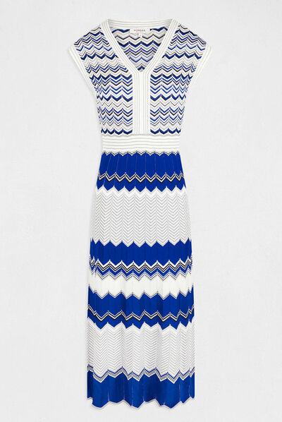 Robe pull longue droite imprimé chevron bleu moyen femme