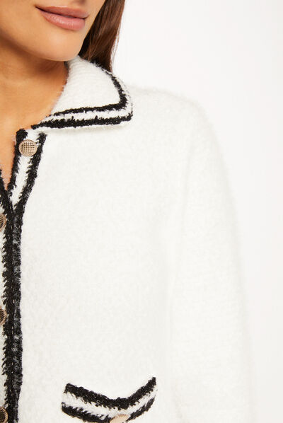 Gilet boutonné à bandes contrastantes ecru femme