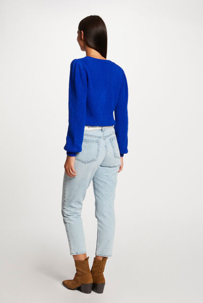 Pull manches longues col en V bleu electrique femme