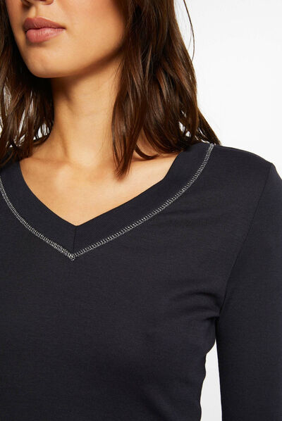 T-shirt manches longues avec col en V marine femme