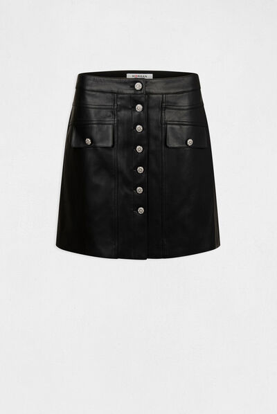 Jupe droite boutonnée simili cuir noir femme