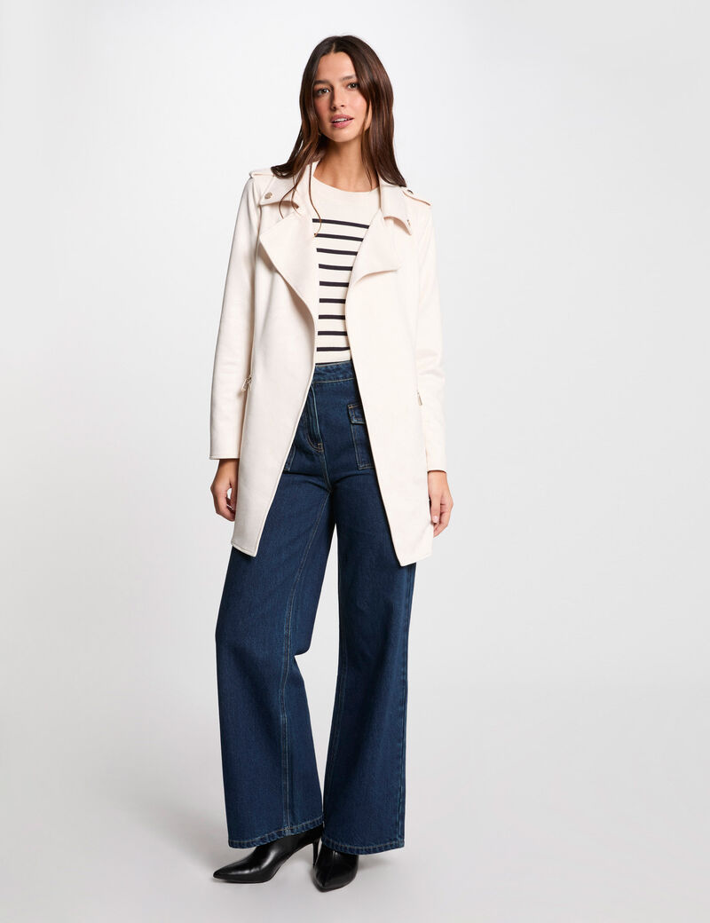 manteau long ceinture suedine ivoire femme Manteau long ceinturé suédine ivoire femme