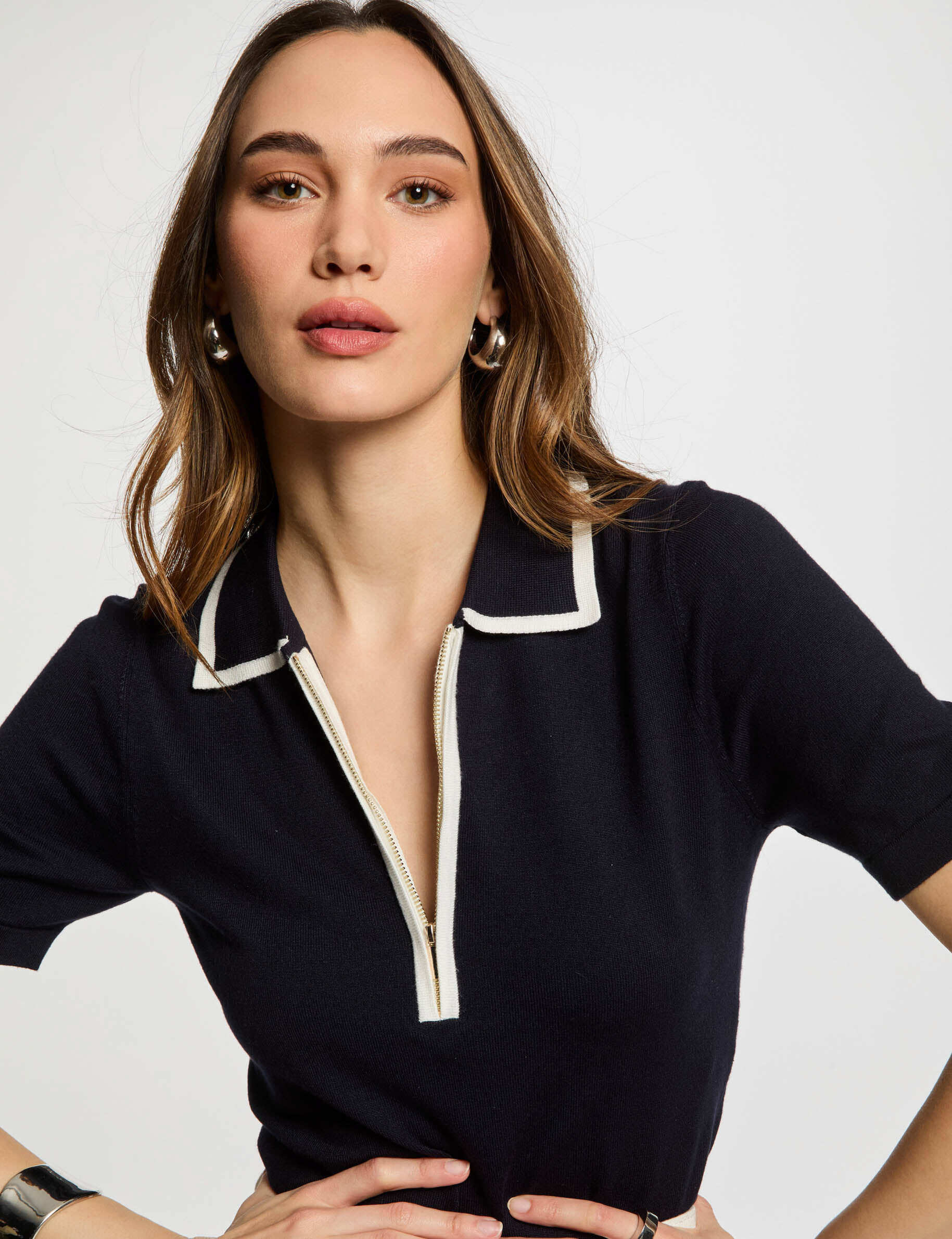 Pull col polo zippé sable femme - vue 2