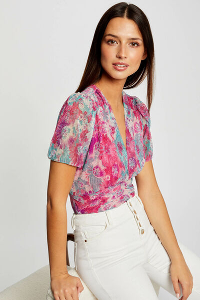 T-shirt manches courtes imprimé floral rose femme