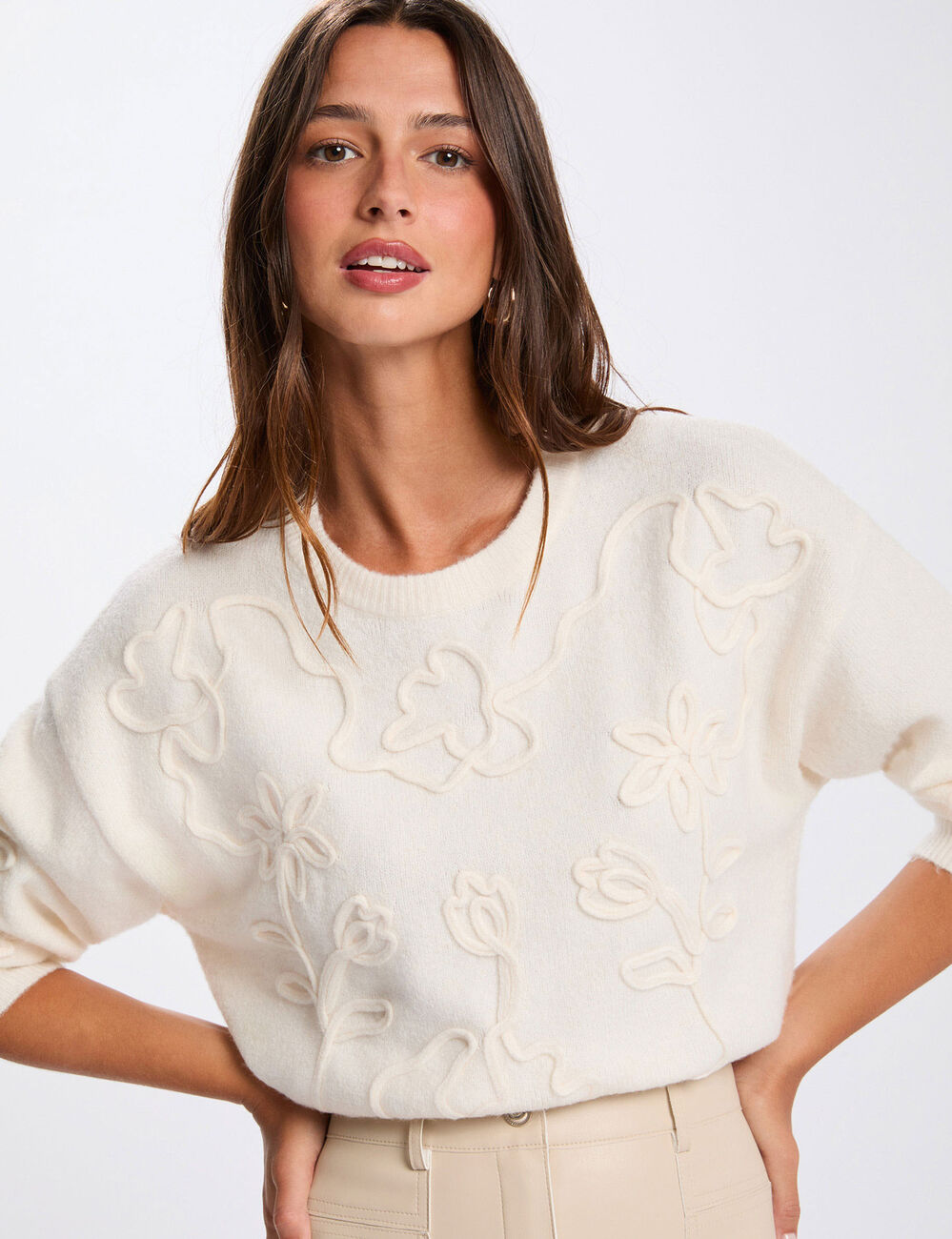 Pull col rond fantaisie ivoire femme
