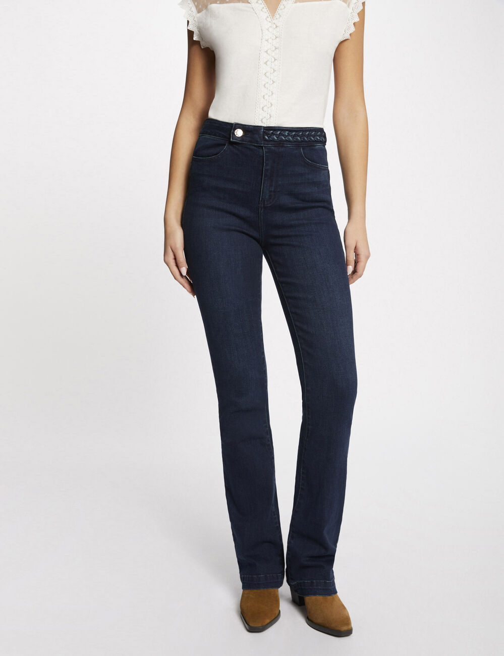 Jeans droit avec d&eacute;tails tress&eacute;s denim brut femme