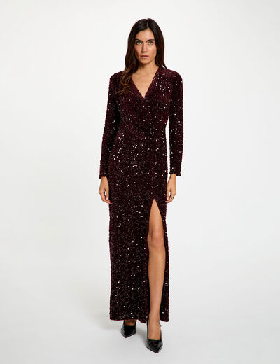 Robe longue ajust&eacute;e sequins prune femme