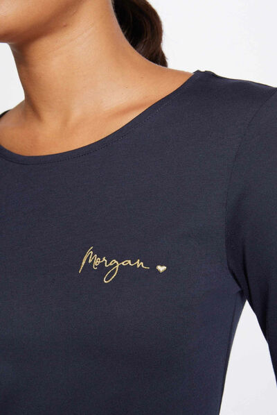 T-shirt manches longues à détails brodés marine femme