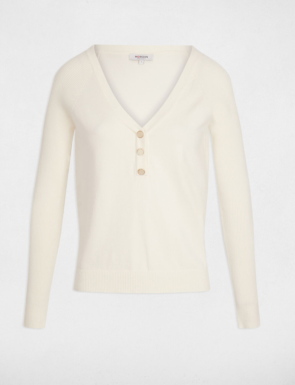 Pull ajust&eacute; col v ivoire femme