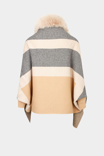 Poncho à détails imitation fourrure beige femme
