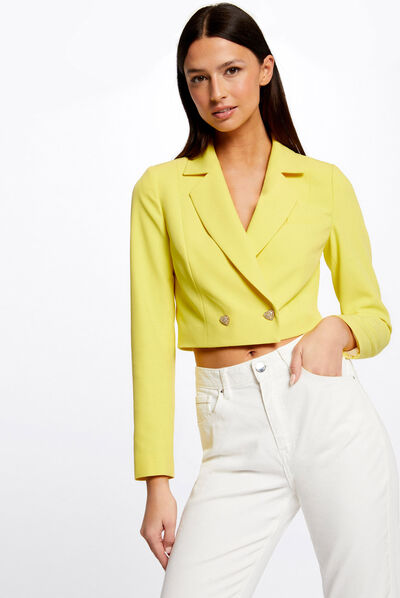 Veste courte droite boutonnée jaune moyen femme
