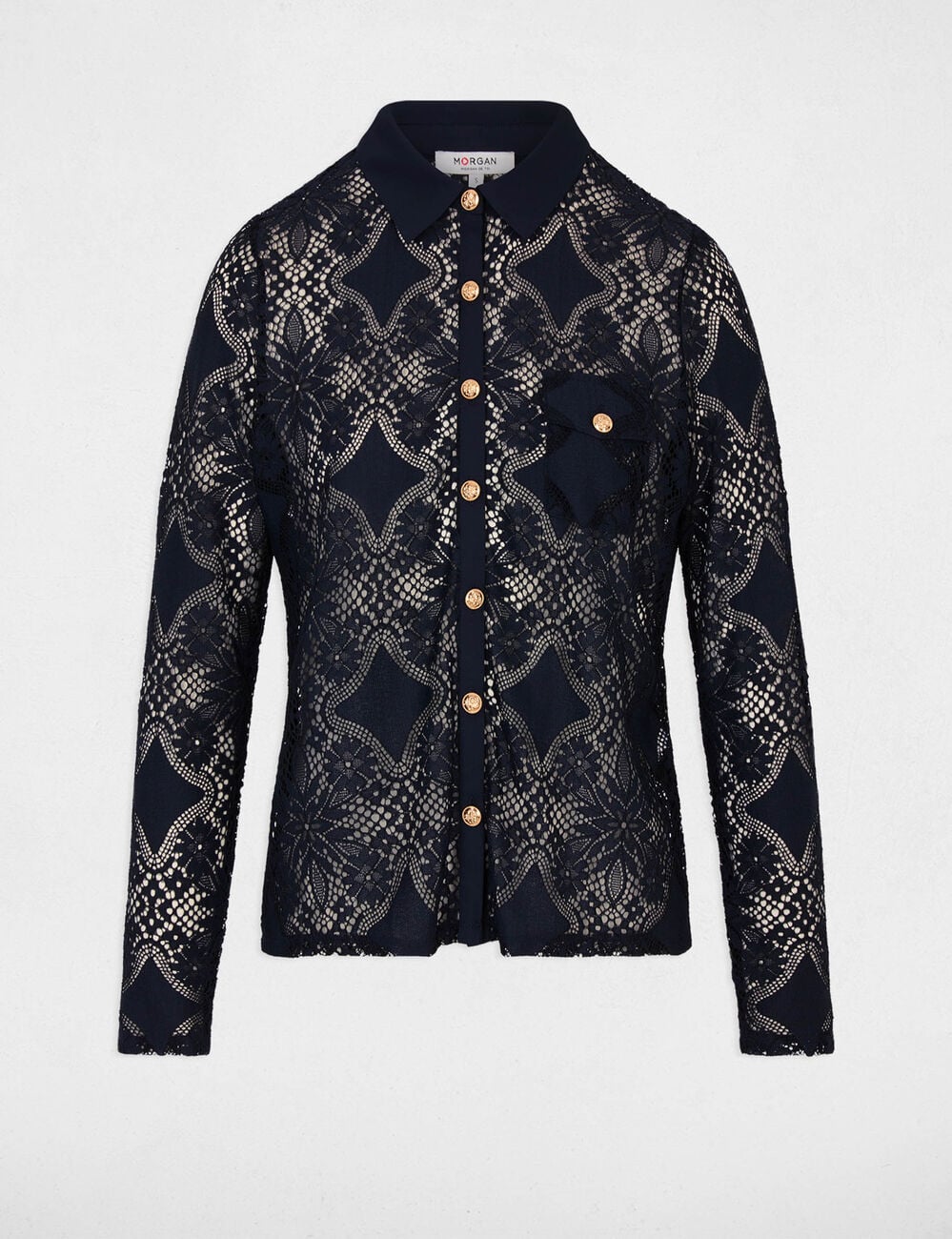 Chemise dentelle col &agrave; revers bleu marine femme